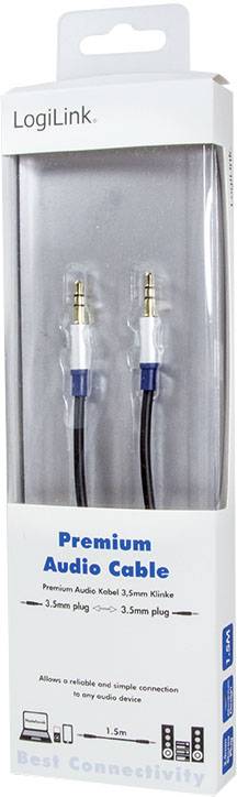 'LogiLink Premium Audio Cable', 3,5-mm-Klinkenstecker, 1,5 m Länge, in transparenter Kunststoffverpackung, für zuverlässige Audio-Verbindung.