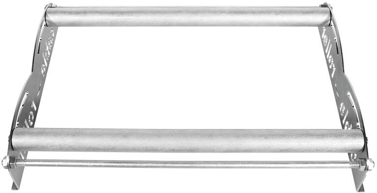 Ein silberner Metallrahmen mit zwei parallelen Stangen, möglicherweise Teil eines Gestells oder Halters.