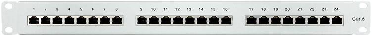 'Patchpanel mit 24 RJ-45-Ports zur Verwaltung von Netzwerkverbindungen. Nummerierung von 1 bis 24. Geeignet für Cat-5-Kabel.'