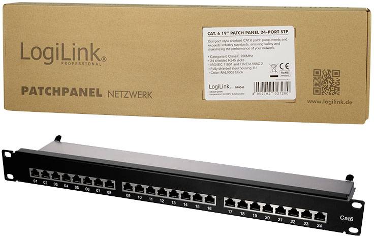 'Patchpanel 24-Port STP' von LogiLink, zeigt Netzwerkanschlüsse. Verpackung betont CAT 6 Norm, geeignet für 19"-Schränke, professioneller Einsatz.