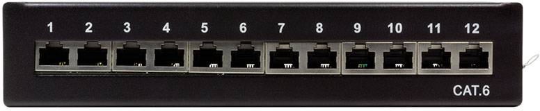 Ein schwarzes Netzwerkkabel-Patchpanel mit zwölf Ethernet-Anschlüssen, nummeriert von 1 bis 12. Rechts ist 'CAT.6' aufgedruckt.