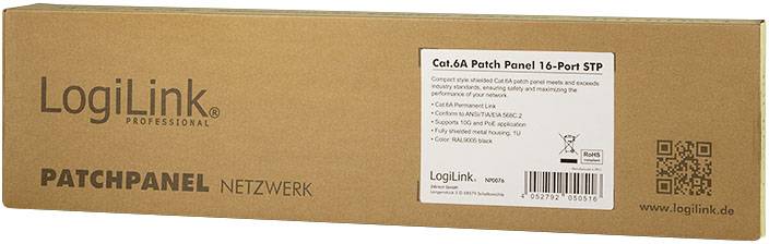 'LogiLink Patch Panel Netzwerk, Cat.6A, 16-Port STP' steht auf einem braunen Karton. Beinhaltet Netzwerkgeräte und Zubehör.
