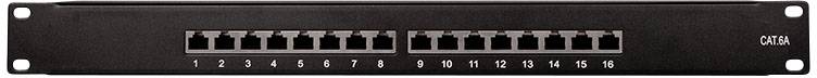 'Patchpanel mit 12 Ethernet-Ports in einem schwarzen Gehäuse, nummeriert von 1 bis 12, wird für Netzwerkverkabelung verwendet.'