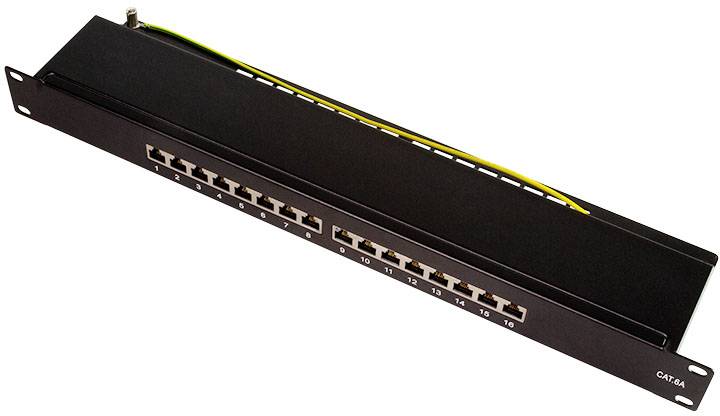 Ein 16-Port-Patchpanel für Netzwerkkabel, geeignet für CAT-6A-Verbindungen. Ermöglicht die Organisation und Verwaltung von Netzwerkverbindungen.