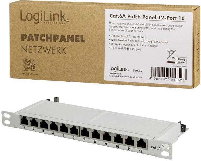 LogiLink Patchpanel Cat.6A 12-Port, geeignet für Netzwerke, montierbar auf 10"-Racks, silberfarben mit RJ45-Anschlüssen.