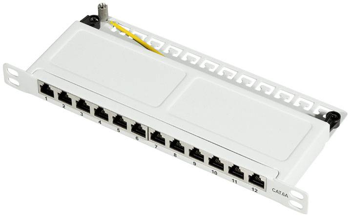 'Netzwerk-Patchpanel mit 12 RJ45-Anschlüssen zur Organisation und Verwaltung von Ethernet-Kabelverbindungen in einem Netzwerk-Rack.'