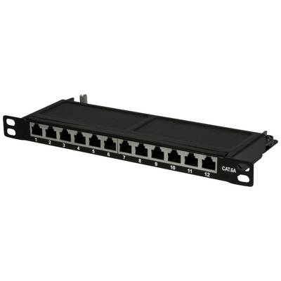 'Patchpanel mit 12 RJ45-Anschlüssen, nummeriert 1 bis 12, auf einer Metallhalterung, geeignet für CAT 6A Kabelverbindungen.'