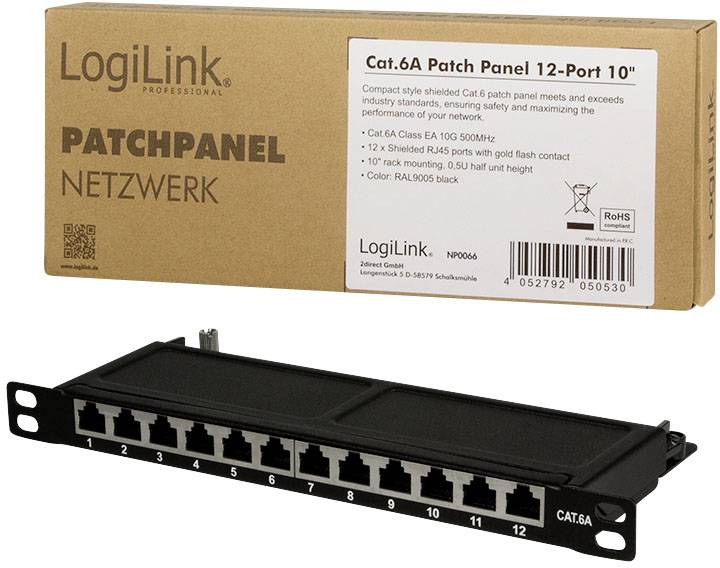 'Patchpanel Cat.6A Netzwerkschalter: 12 Ports, geschirmt, RJ45, geeignet für hohe Geschwindigkeiten und Zuverlässigkeit.'