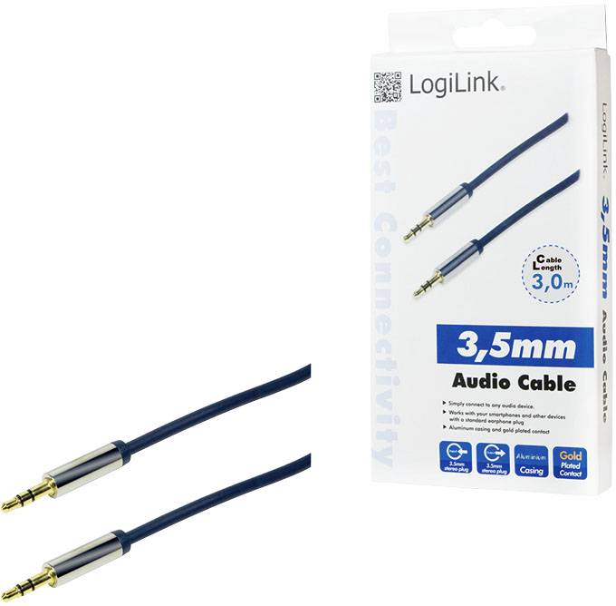 Eine Verpackung für ein 3,5 mm Audiokabel, 3 Meter lang, von LogiLink. Das Kabel ist blau und hat an beiden Enden goldene Steckerkontakte.