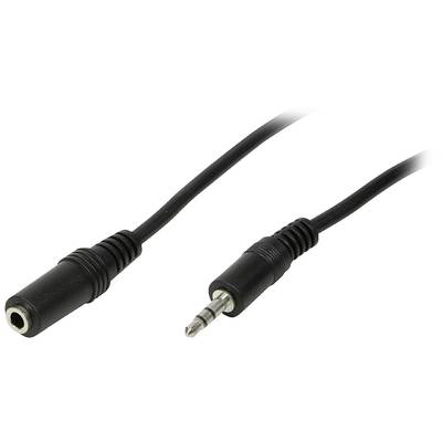 Ein schwarzes Audiokabel mit einem 3,5-mm-Klinkenstecker auf der einen und einer Buchse auf der anderen Seite, auf weißem Hintergrund.