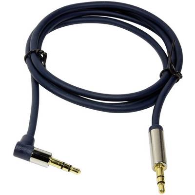 Ein blaues Audiokabel mit zwei 3,5-mm-Steckern, einer im rechten Winkel, der andere gerade, auf einem weißen Hintergrund.