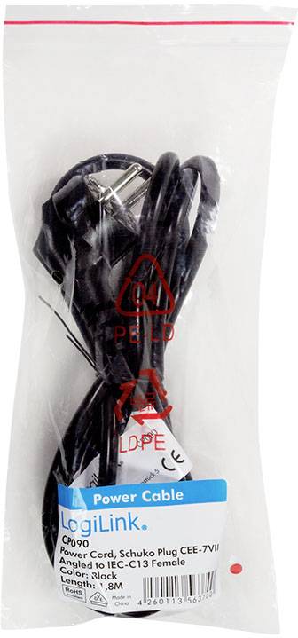 Schwarzes Stromkabel von LogiLink, Typ CEE-7/7, Länge 1,8 Meter, in transparenter Verpackung.