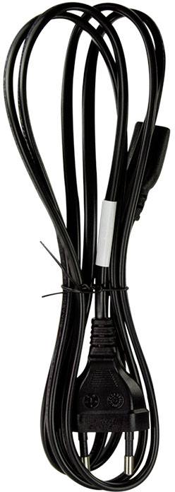 Schwarzes Netzkabel mit zwei Steckertypen und Kabelbinder, geeignet für den Anschluss von elektronischen Geräten.