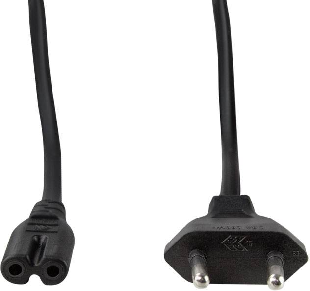 Ein schwarzes Netzkabel mit zweipoligem Stecker und Buchsenteil, typisch für Elektrogeräte. Der Stecker ist abwärts gerichtet.