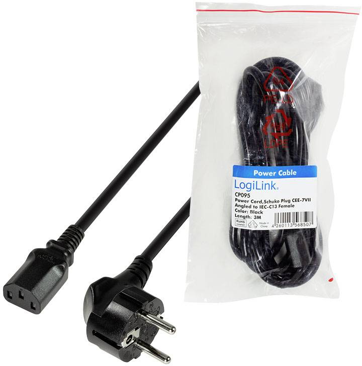 Schwarzes Netzkabel mit Schuko-Stecker und IEC-13-Buchsenseite, Länge 3m. Verpackt in transparenter Tüte mit LogiLink-Label.