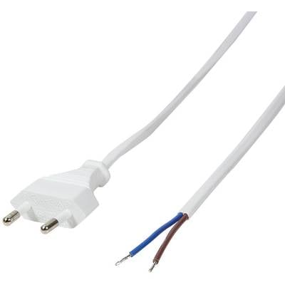 Ein weißes Netzkabel mit einem unmontierten Stecker, bei dem die Enden der Drähte freiliegen. L und N Kabel gekennzeichnet.