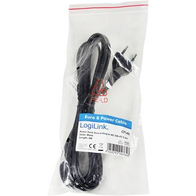 Schwarzes Euro 8 Netzkabel von LogiLink in transparentem Plastikbeutel verpackt. Länge: 3m.