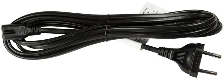 'Schwarzes Netzkabel mit zweipoligem Euro-Stecker und Buchse. Kabel ist gebündelt und in einer neutralen Umgebung fotografiert.'