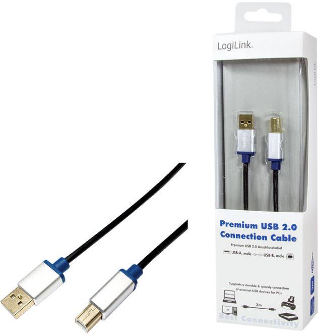 USB-2.0-Kabel von LogiLink in Verpackung. Unterstützt Geräte mit USB-A- zu USB-B-Anschluss. Verpackung zeigt zwei Steckertypen.