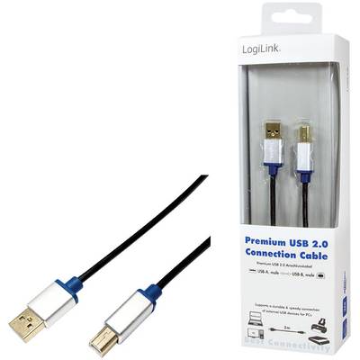 USB-2.0-Kabel von LogiLink in Verpackung. Unterstützt Geräte mit USB-A- zu USB-B-Anschluss. Verpackung zeigt zwei Steckertypen.