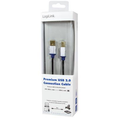 'LogiLink Premium USB 2.0 Verbindungskabel', USB-A auf USB-B, 2m, in einer weißen Verpackung mit transparenter Vorderseite.