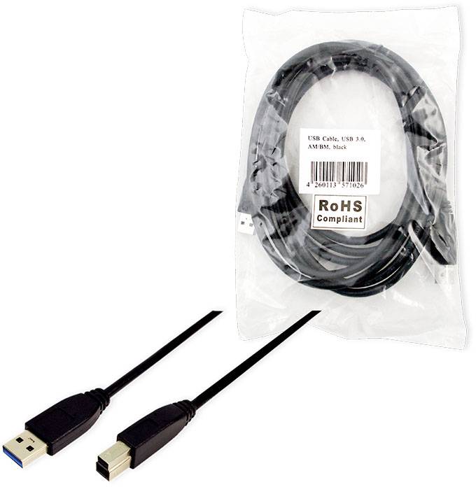 USB 3.0-Kabel, schwarz, mit A- und B-Stecker. Verpackung zeigt 'RoHS Compliant'. Geeignet für High-Speed-Datenübertragung.