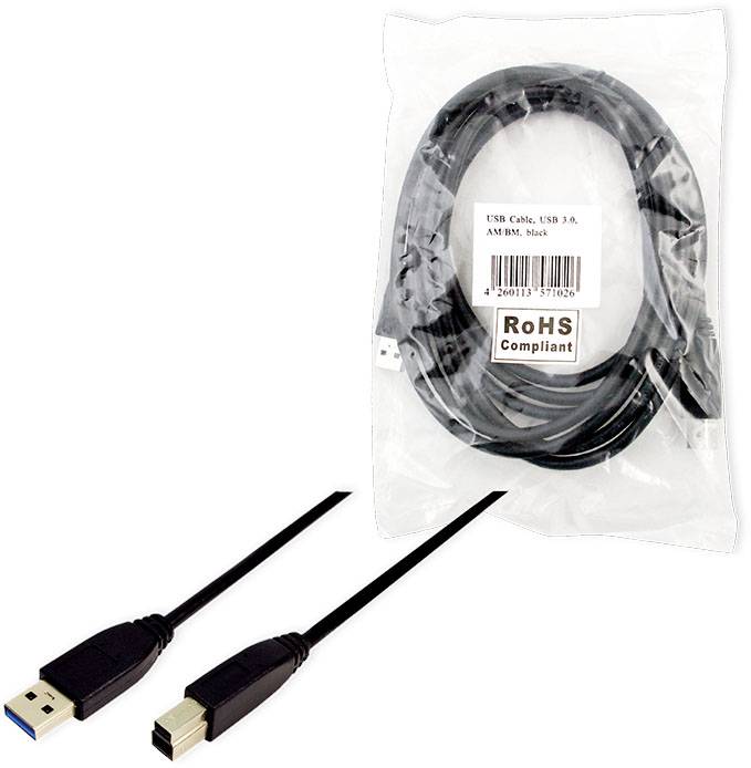 USB 3.0 Kabel, schwarz, mit Typ-A- und Typ-B-Stecker, verpackt in einer transparenten Plastikverpackung. Label 'RoHS Compliant'.