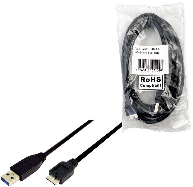 Ein USB-3.0-Kabel in einer transparenten Verpackung mit RoHS-Zertifizierung. Kabel ist schwarz mit USB-Stecker an beiden Enden.