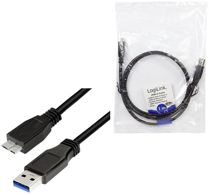 Ein USB-Kabel mit zwei unterschiedlichen Steckern in einer durchsichtigen Verpackung, beschriftet mit 'LogiLink' und '1m'.