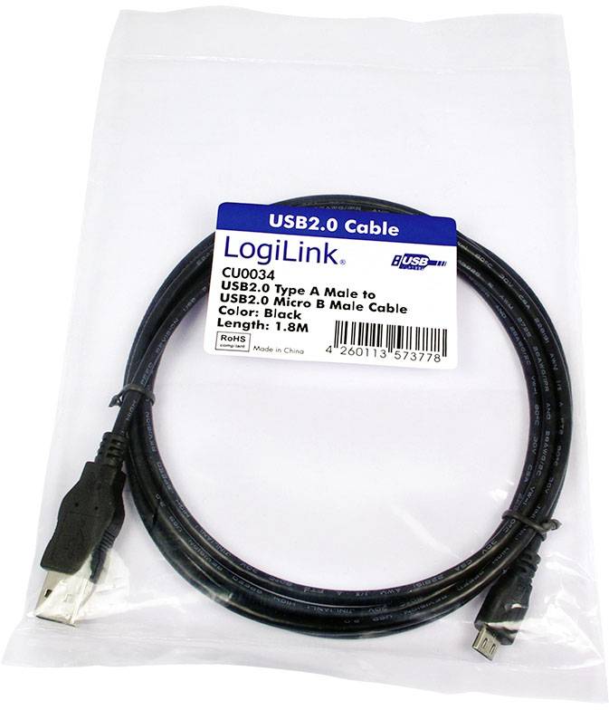 'USB2.0 Kabel, LogiLink, 1.8m, Typ A Stecker auf Micro B Stecker, schwarz' auf Verpackungsetikett.