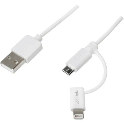 Weiße USB-Kabel mit verschiedenen Steckern: USB-A, Micro-USB und Lightning. Geeignet für unterschiedliche Geräteanschlüsse.