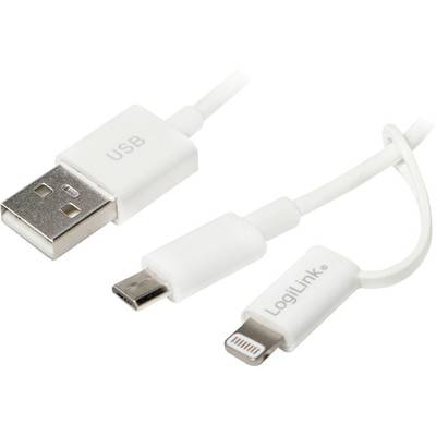 Drei weiße Kabel: USB, Micro-USB und Lightning-Anschlüsse. Markierung 'LogiLink' auf dem Lightning-Anschluss. Einsatz für verschiedene Geräte.