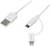 'Ein weißes USB-Kabel mit drei verschiedenen Anschlüssen: USB-A, Micro-USB und Lightning.'