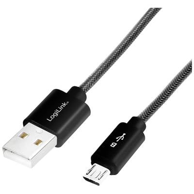 Ein schwarzes USB-Kabel mit einem USB-A-Stecker auf der einen und einem Micro-USB-Stecker auf der anderen Seite, von LogiLink.