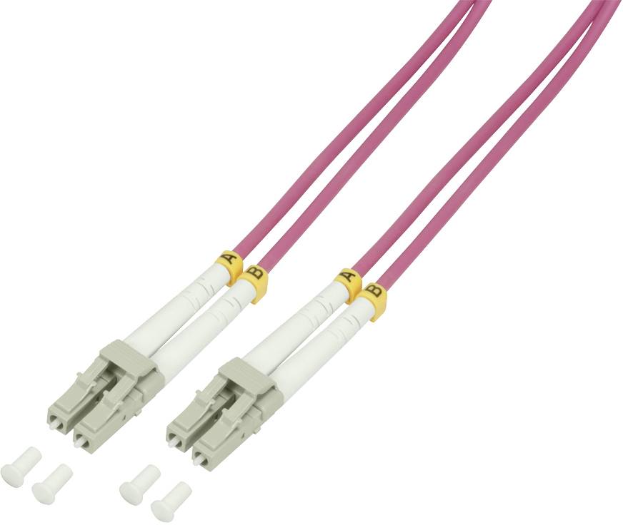 Zwei violette Glasfaserkabel mit LC-Steckern, gekennzeichnet mit 'A' und 'B'.