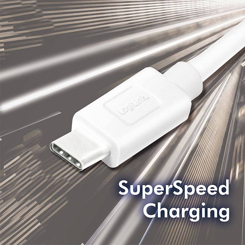 Ein weißes USB-C-Kabel mit der Aufschrift 'SuperSpeed Charging' vor einem dynamischen Hintergrund, der Geschwindigkeit suggeriert.