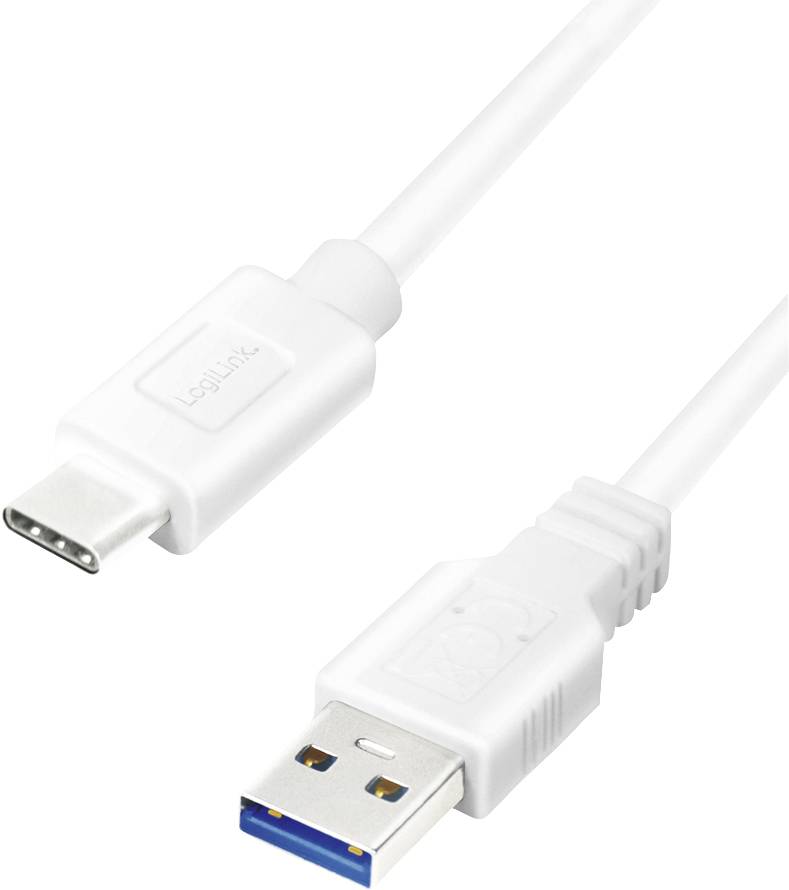 USB-Kabel mit Typ-C-Stecker auf der linken Seite und Typ-A-Stecker auf der rechten Seite, beide weiß.