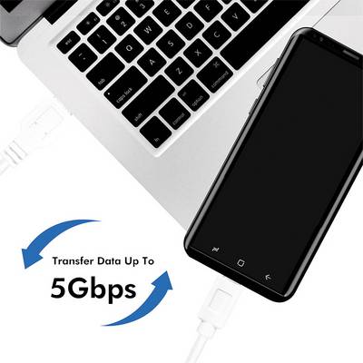 Smartphone wird per USB-Kabel mit Laptop verbunden. Es wird auf eine Datenübertragungsgeschwindigkeit von bis zu 5 Gbps hingewiesen.