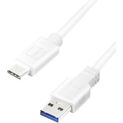 Ein weißes USB-Kabel mit USB-C-Anschluss auf der einen Seite und USB-A-Anschluss auf der anderen Seite, geeignet für Datenübertragung.