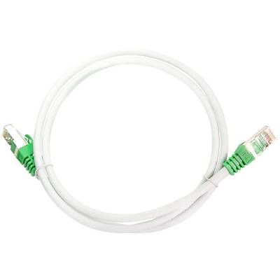 Ein weißes Ethernet-Kabel mit grünen Steckern, das zu einem Kreis gebogen ist.