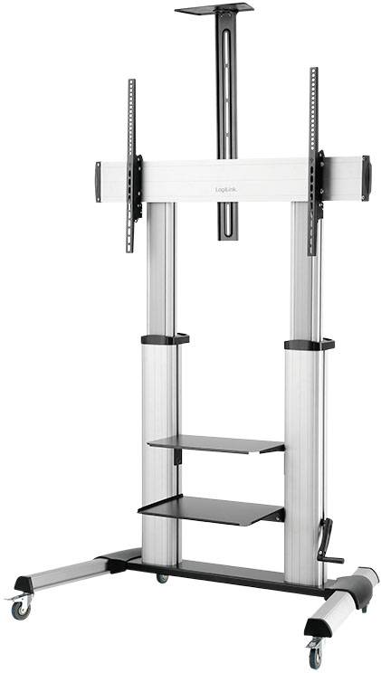 Ein rollbarer TV-Ständer aus Metall mit Höhenverstellung, zwei Ablageflächen und zwei Rollenpaaren unten, geeignet für große Bildschirme.