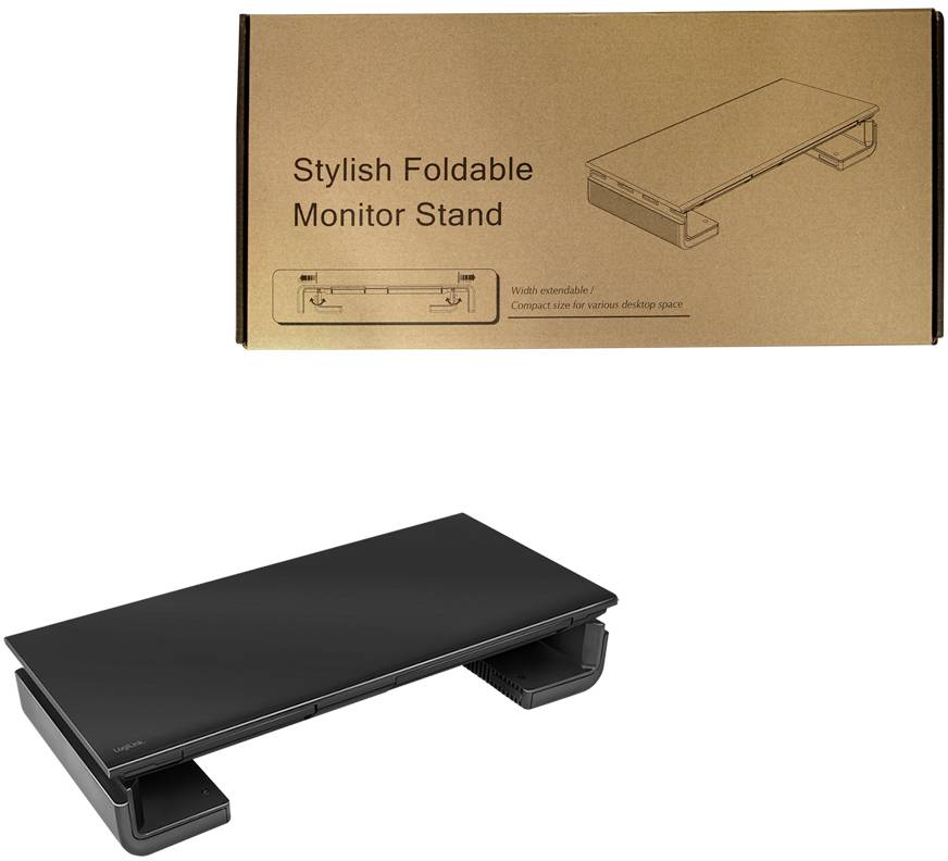 Kartonverpackung mit der Aufschrift 'Stylish Foldable Monitor Stand'. Darunter ein zusammenklappbarer, schwarzer Monitorständer.
