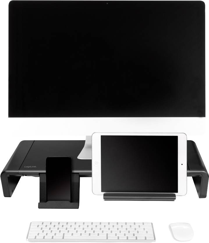 Monitor, Tablet und Smartphone auf Ständer, Tastatur und Maus davor auf Tisch. Set-up für effizientes Arbeiten.