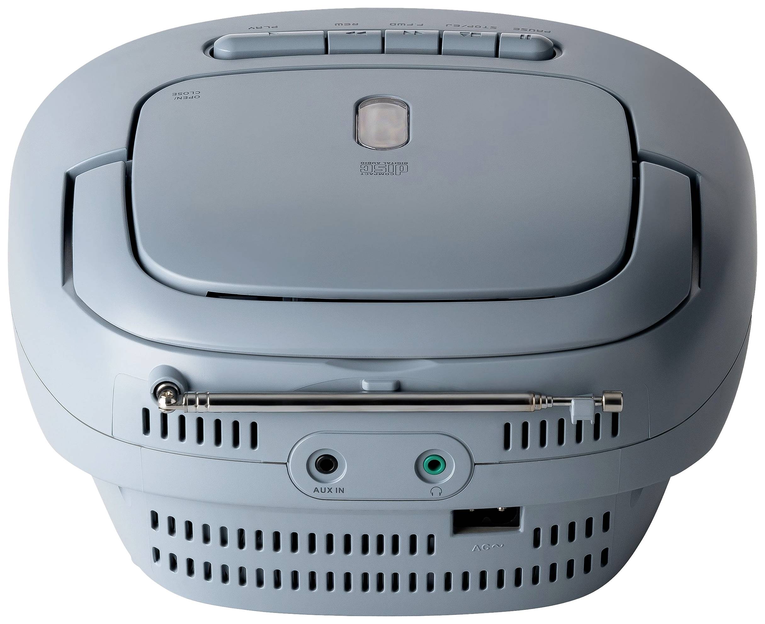 Ein tragbarer CD-Player mit eingebautem Radio in grauer Farbe, sichtbare Bedienelemente oben und Anschlüsse hinten.
