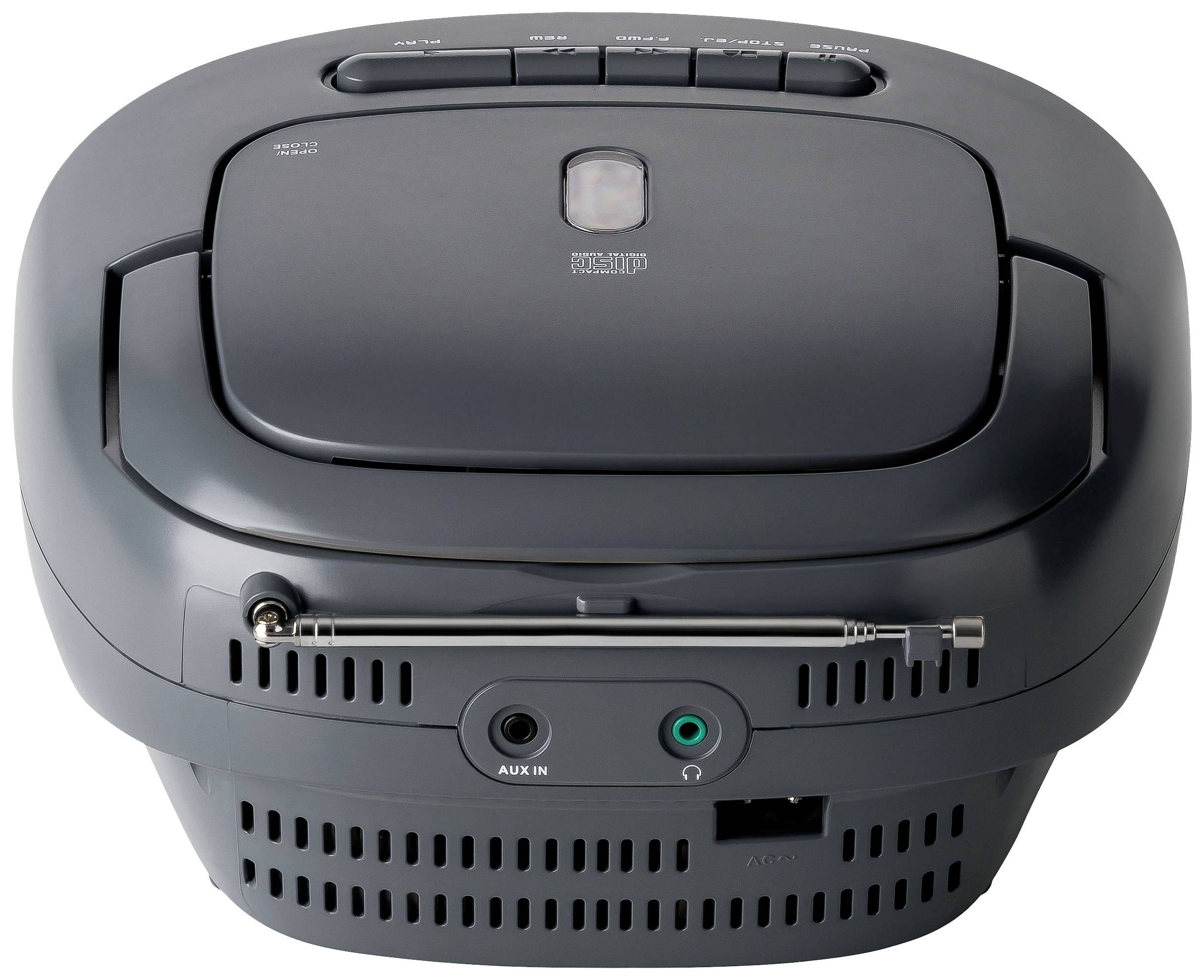 Ein schwarzes tragbares Radio mit Teleskopantenne, AUX-IN-Anschluss und Lautstärkeregler auf der Oberseite.