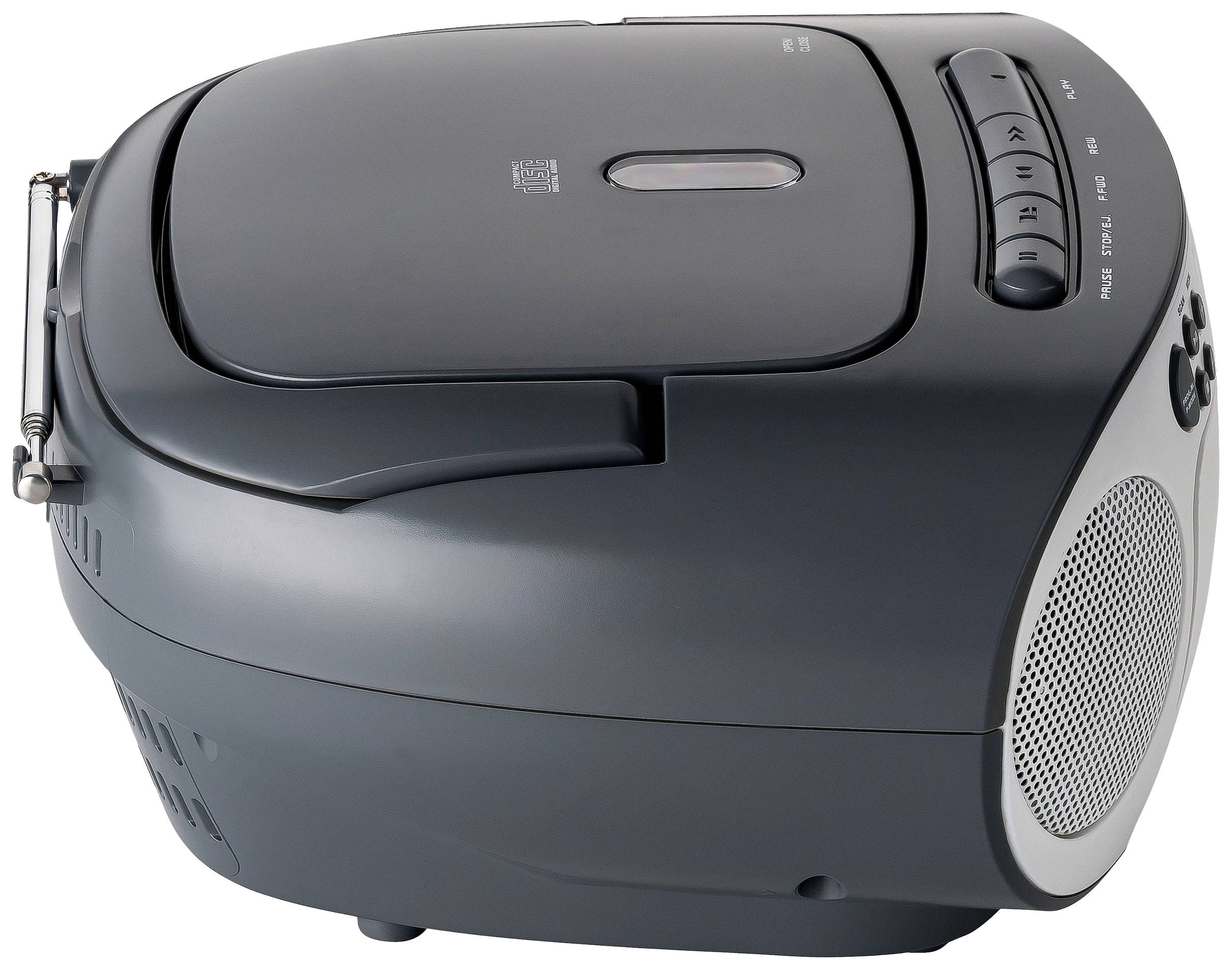 Schwarzes, tragbares CD-Radio mit Lautsprechergitter auf der Seite, Tasten oben und Griff für einfachen Transport.