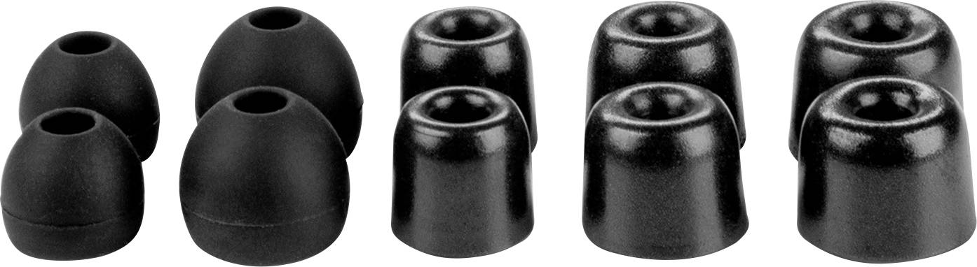 'Drei Paare schwarzer Ohrstöpsel in verschiedenen Größen nebeneinander aufgereiht.'