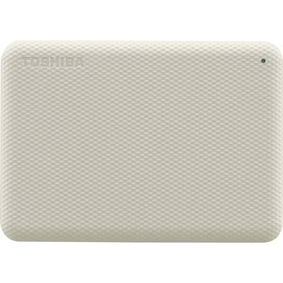 Externe Festplatte in beige mit geprägter Textur und kleinem Punkt in der Ecke oben rechts.