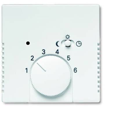 Weißer Drehthermostat mit Skala von 1 bis 6, Temperaturregelung für Heizsysteme. Symbole für Nacht- und Tagesmodus sind sichtbar.