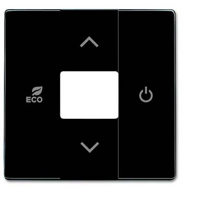 Schwarzes Bedienfeld mit weißen Pfeilen nach oben und unten, Eco-Symbol, und Power-Symbol.